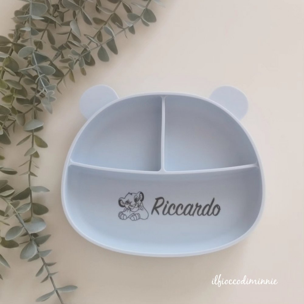 Piatto ORSETTO in silicone AZZURRO GHIACCIO, personalizzabile con nome e disegno