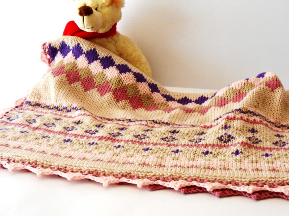 Prestigiosa copertina baby, lavorata a mano Fair Isle, in pura lana Merino