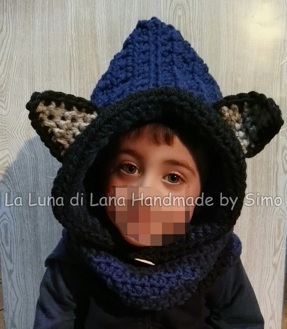 Cappuccio a uncinetto con scalda collo e orecchie a forma di lupetto per bambino o bambina