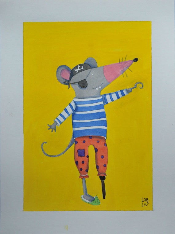 Illustrazione originale acquerello topolino pirata