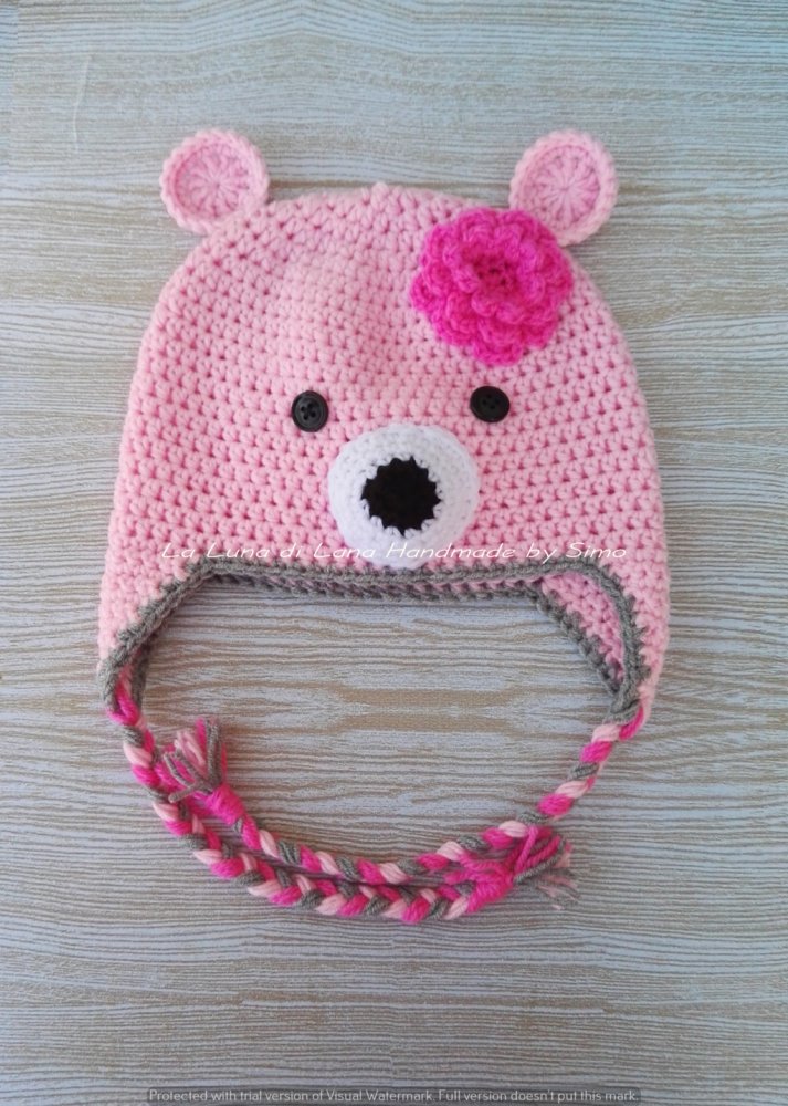 Cappello per bambina a forma di orsetto rosa, in lana baby ideale per l'inverno.