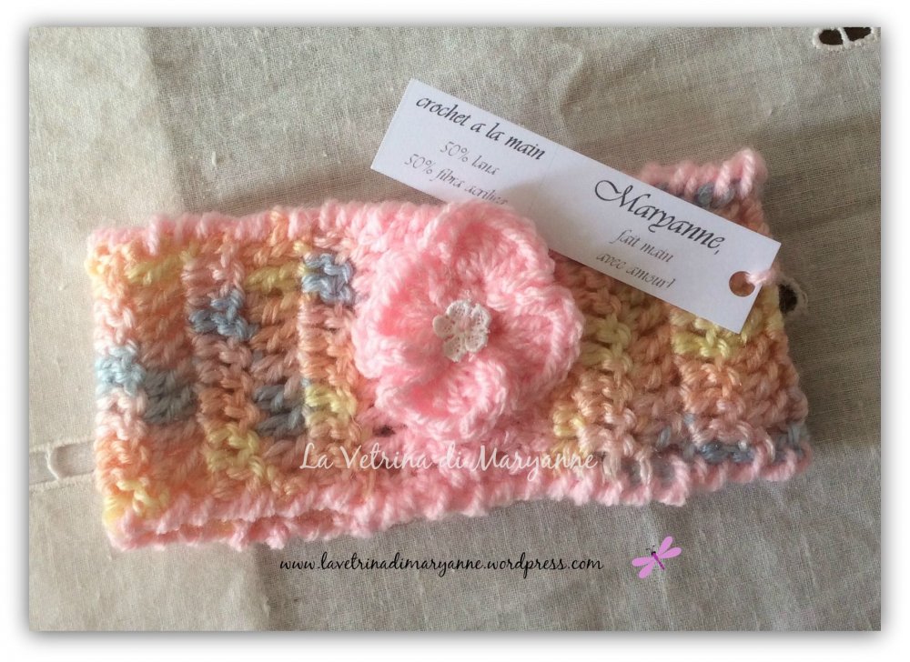 Fascetta crochet per capelli in misto lana rosa melang
