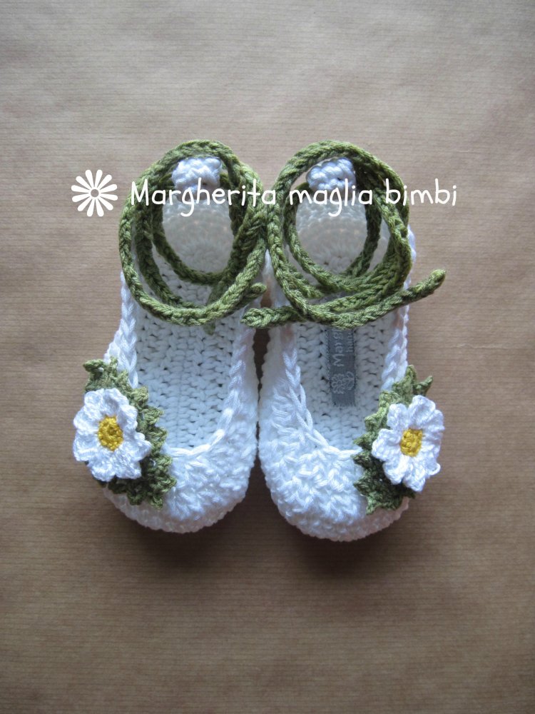 Scarpine ballerine neonata/bambina con margherite - uncinetto - puro cotone - Battesimo 