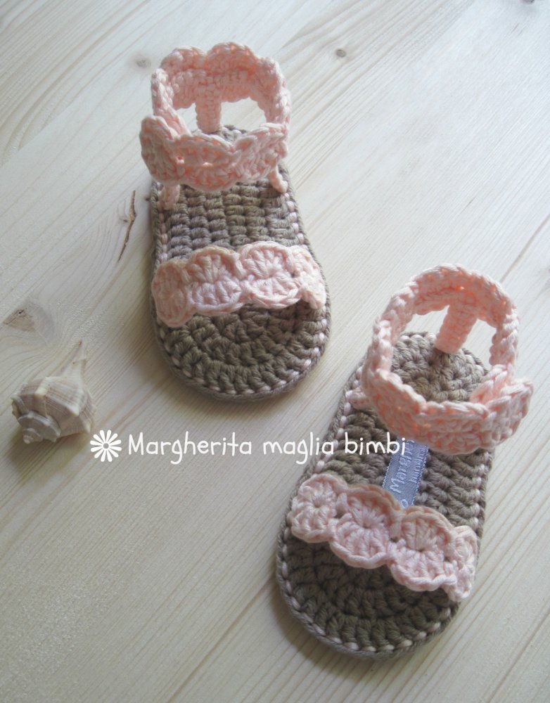 Sandali alla schiava/scarpine rosa pesca neonata/bambina uncinetto puro cotone - Battesimo