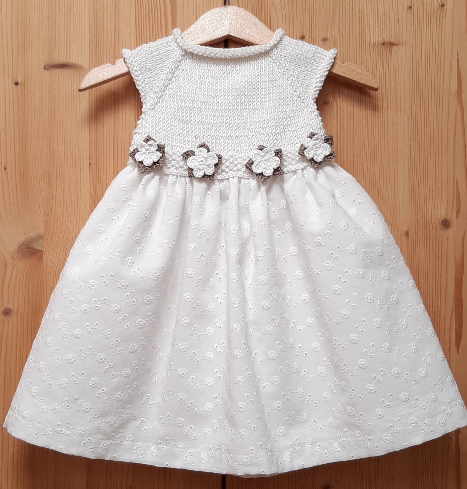 Abito/vestitino bianco,  cotone e sangallo, decorazione a fiori bianco/tortora - bambina - Alice