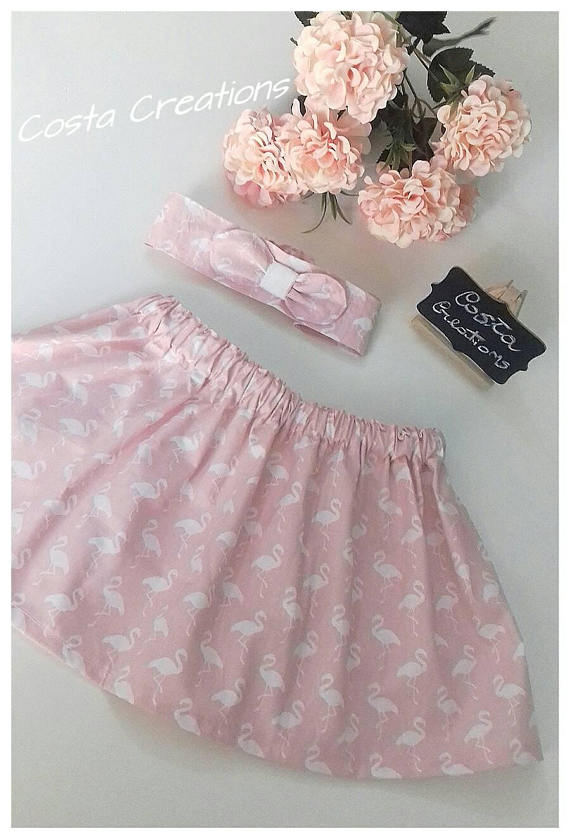 Completo bimba fenicotteri Rosa: gonna pi fascia per capelli 9-12 mesi