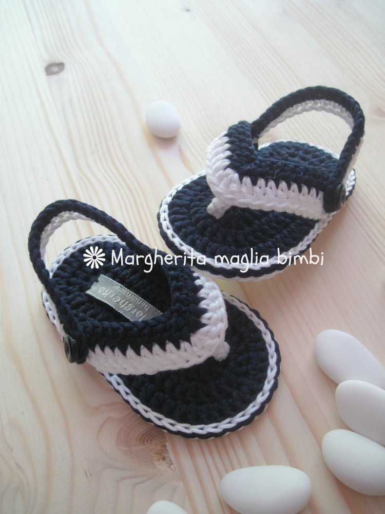 Sandali infradito neonato/bambino - bianchi/blu - Battesimo  - cotone - uncinetto