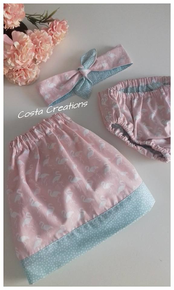 Completo fenicotteri Rosa composto da gonna fascia capelli e copri pannolino per bimba 6/9 mesi