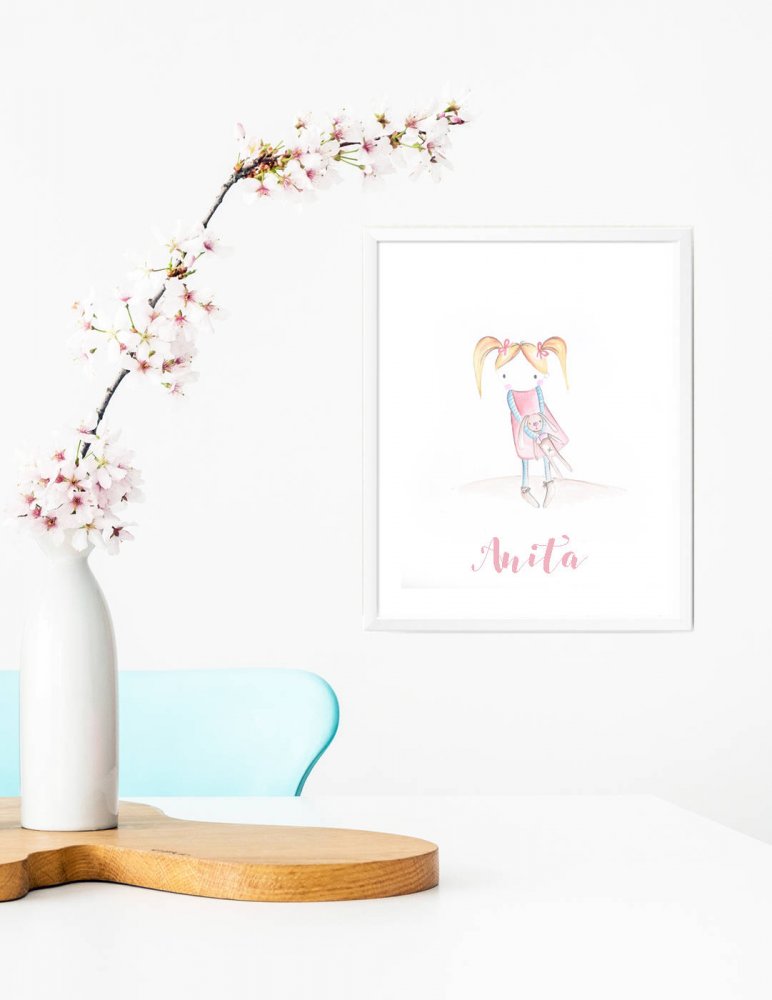 Stampa quadretto per bambine, stampa cameretta bambine, stampa con pupazzo, stampa animali, regalo compleanno, idea regalo bambini, regalo nascita