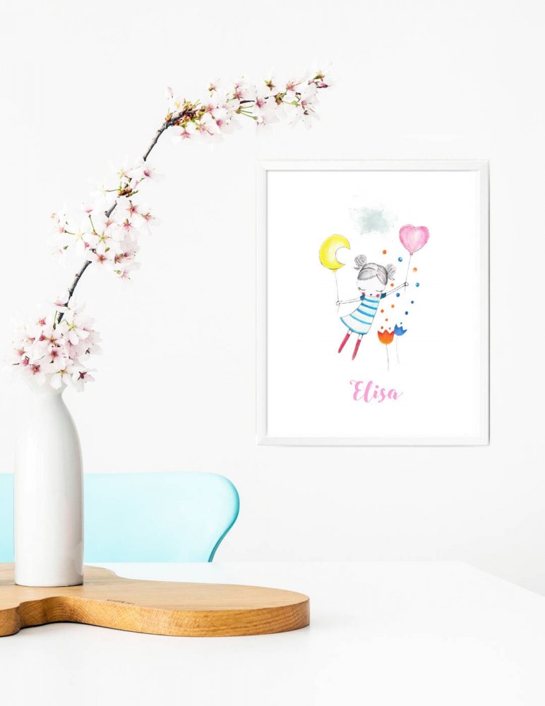 Stampa quadretto per bambine, stampa cameretta bambine, stampa con palloncini, stampa animali, regalo compleanno, idea regalo bambini, regalo nascita