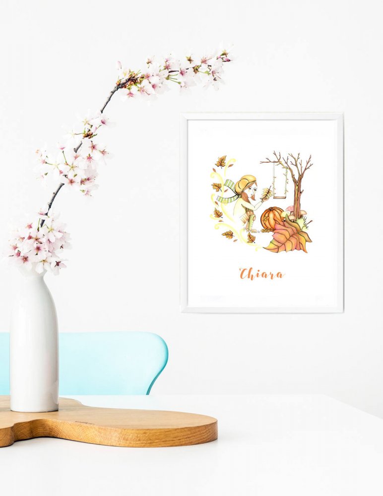 Stampa quadretto per bambini, stampa cameretta bambini, stampa la bambina e l'autunno, stampa animali, regalo compleanno, idea regalo bambini, regalo nascita