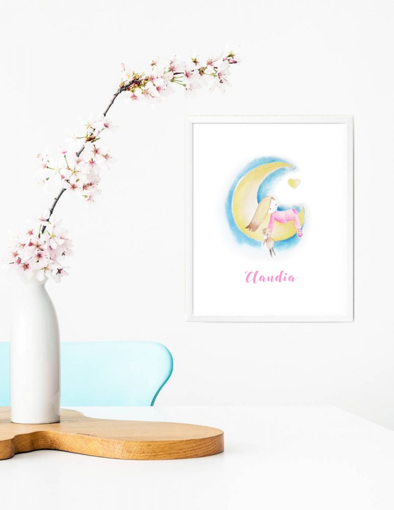 Stampa quadretto per bambine, stampa cameretta bambine, stampa con luna, stampa animali, regalo compleanno, idea regalo bambini, regalo nascita