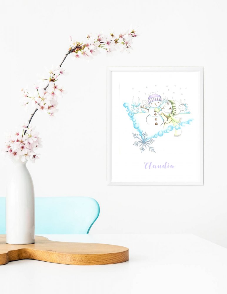 Stampa quadretto per bambine, stampa cameretta bambine, stampa con pupazzo di neve, stampa animali, regalo compleanno, idea regalo bambini, regalo nascita