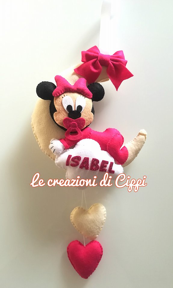 Fiocco nascita Minnie sulla luna con nuvola con nome personalizzato fatto a mano in pannolenci.