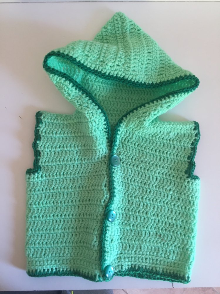 gilet beb, verde, fatto a mano all'uncinetto, lana 6-12 mesi 