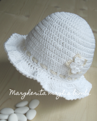 Cappello bambina/cappellino neonata Battesimo - cotone bianco e panna/crema/avorio - uncinetto