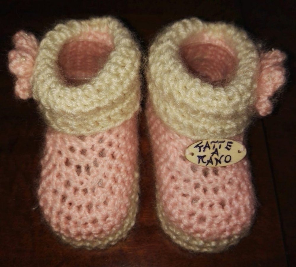 Scarpine scarpette tipo stivaletti panna e rosa in lana 100% per neonata 0 - 6 mesi