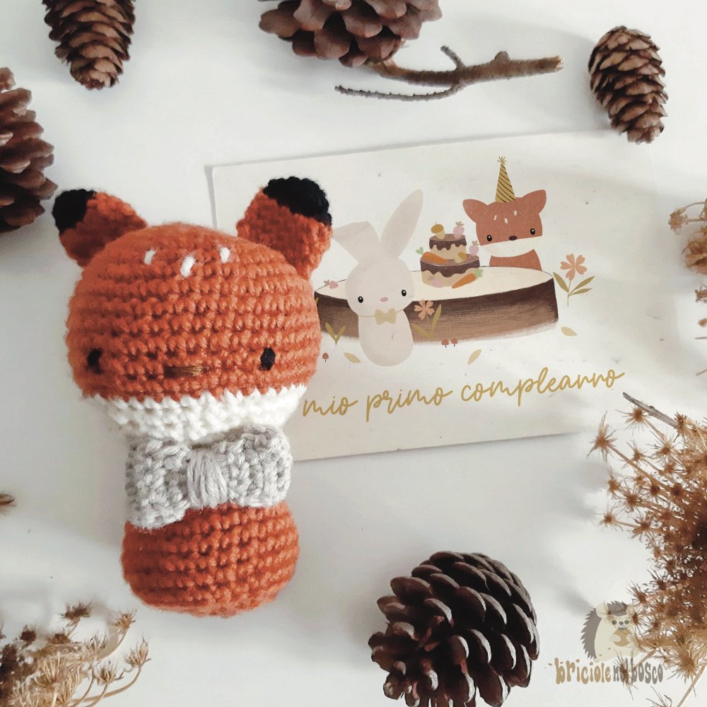 Volpina in lana baby con cartolina illustrata personalizzata in PDF - idea regalo primo compleanno 