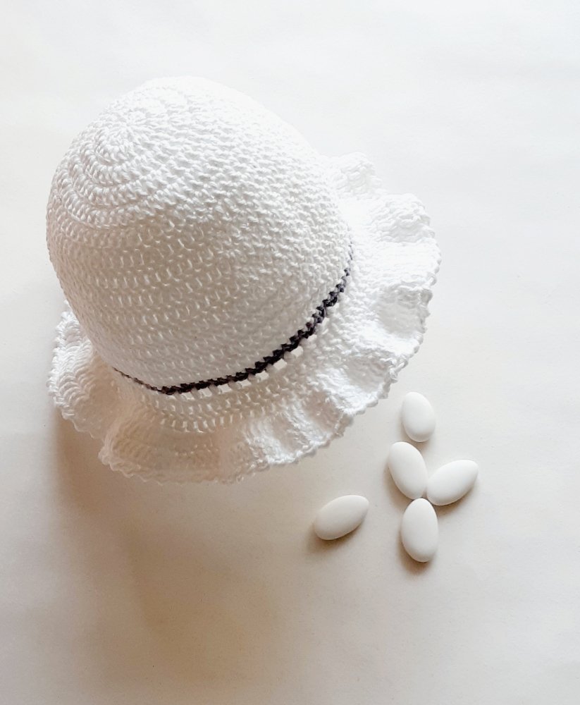 Cappello con balza bambina/neonata cotone bianco - lino grigio/blu - Battesimo - Nicole
