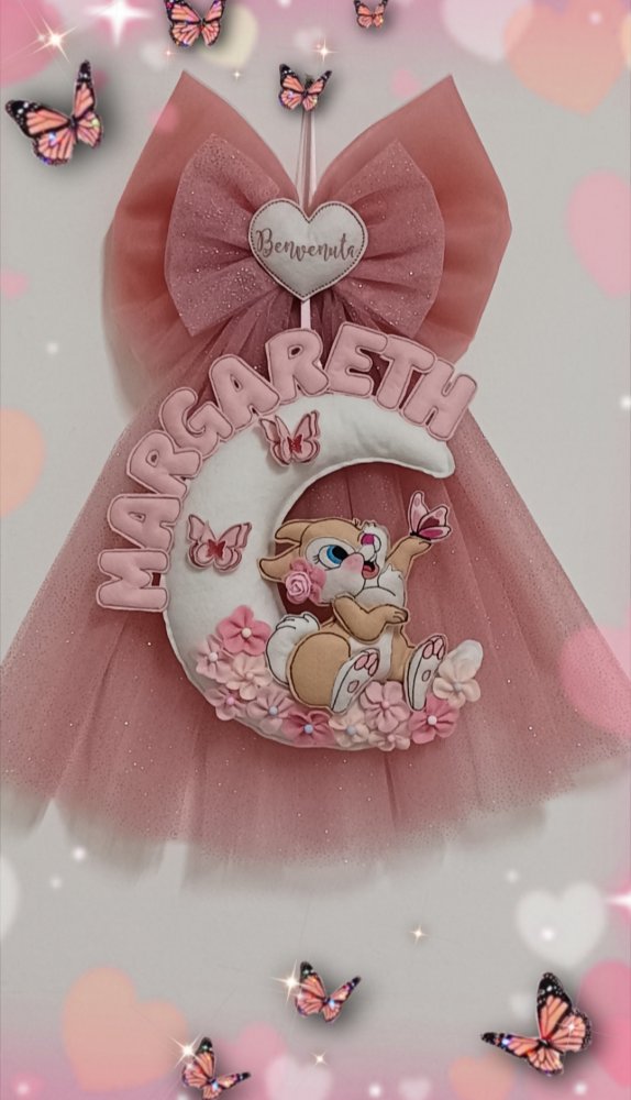 Fiocco nascita in tulle rosa antico glitterato con coniglietta sulla luna Fiocco nascita in tulle rosa antico glitterato con coniglietta sulla luna