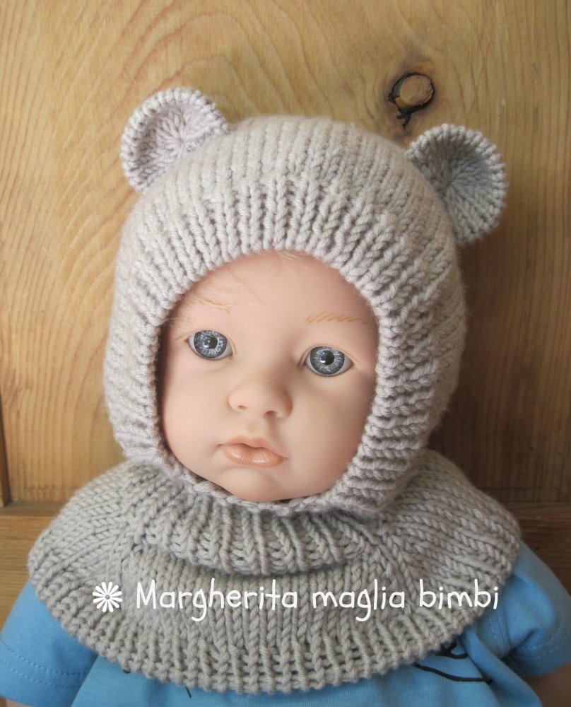 Berretto orsetto in pura lana merino superwash fatto a mano - neonato/bambino